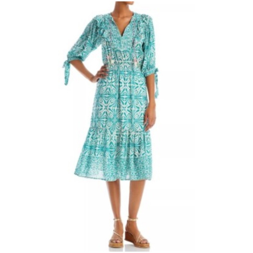 NWT Bell by Alicia Bell Lyla Silk Cotton Midi Dress Green Teal Print Size Medium
